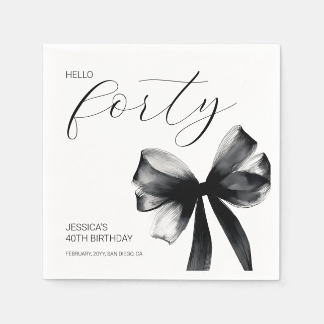 Hello Forty Elegant Script Bow 40th Birthday Party Napkin (Front)
