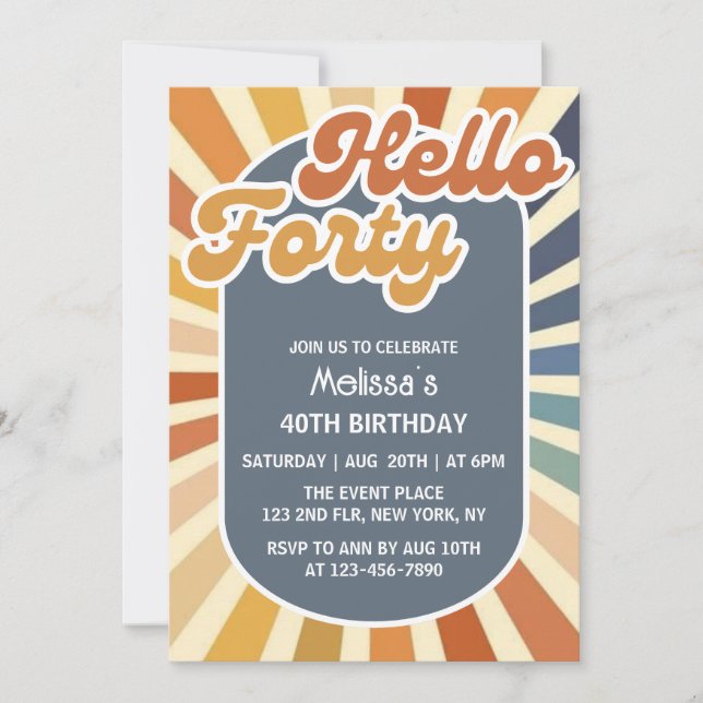 Hello Forty Retro Sun Groovy Wave Birthday Invitation (Front)