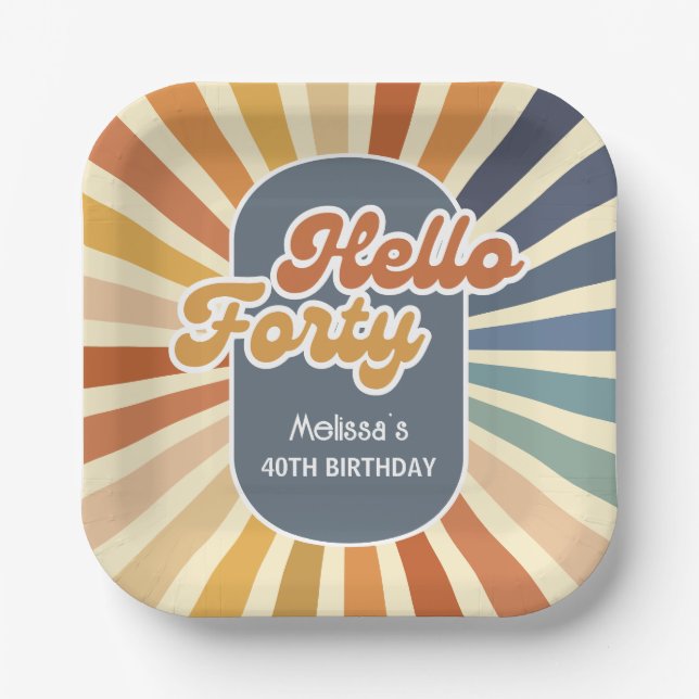 Hello Forty Retro Sun Groovy Wave Birthday Paper Plate (Front)