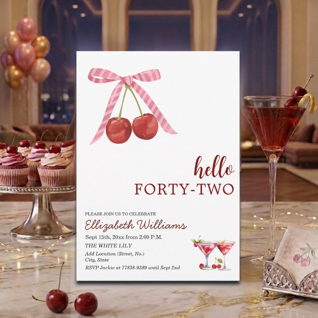 Hello Forty Two Cherry Martini Birthday Party Invitation (Creator Uploaded)