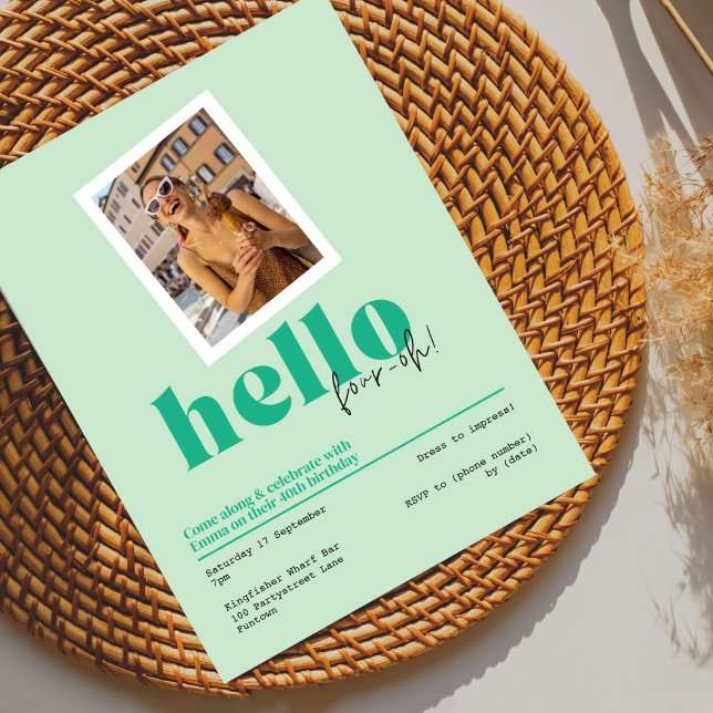 "Hello, four-oh!" 40th birthday green Invitation Postcard (Creator Uploaded)