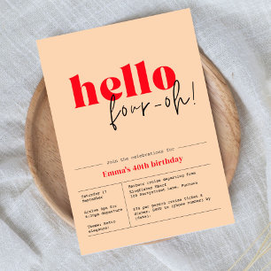 hello, four-oh! Minimalist 40th birthday  Invitation