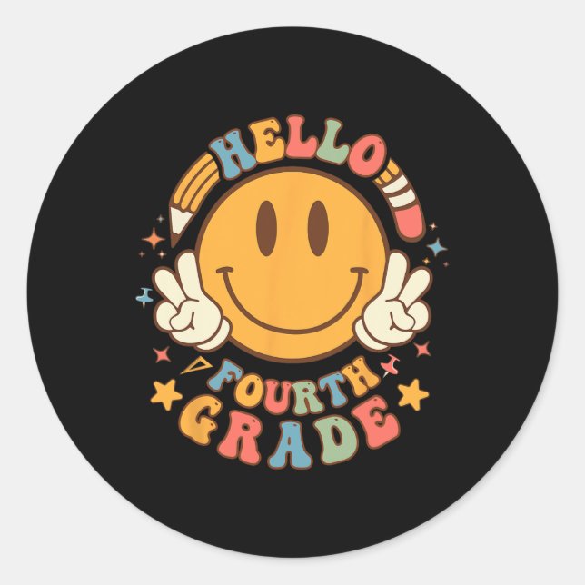 Hello Fourth Grade Back To School Groovy Teacher S Classic Round Sticker (Front)