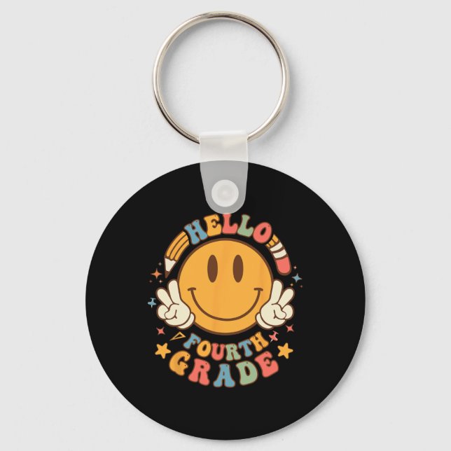 Hello Fourth Grade Back To School Groovy Teacher S Key Ring (Front)