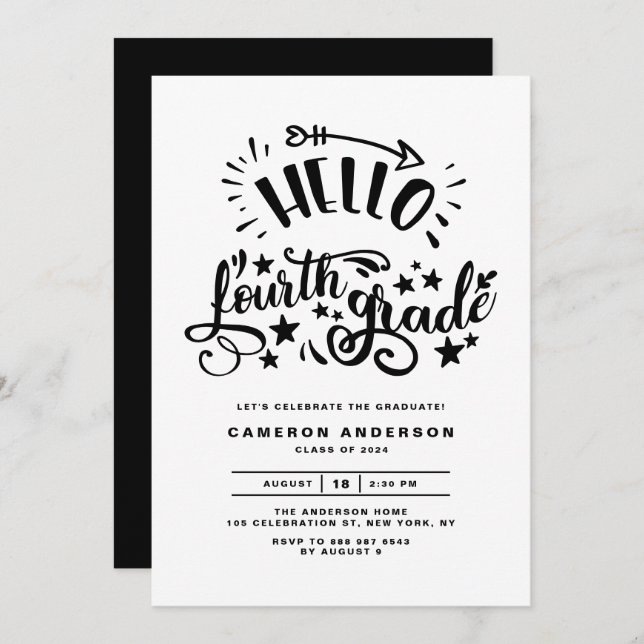Hello Fourth Grade | Black Third Grade Graduation Invitation (Front/Back)