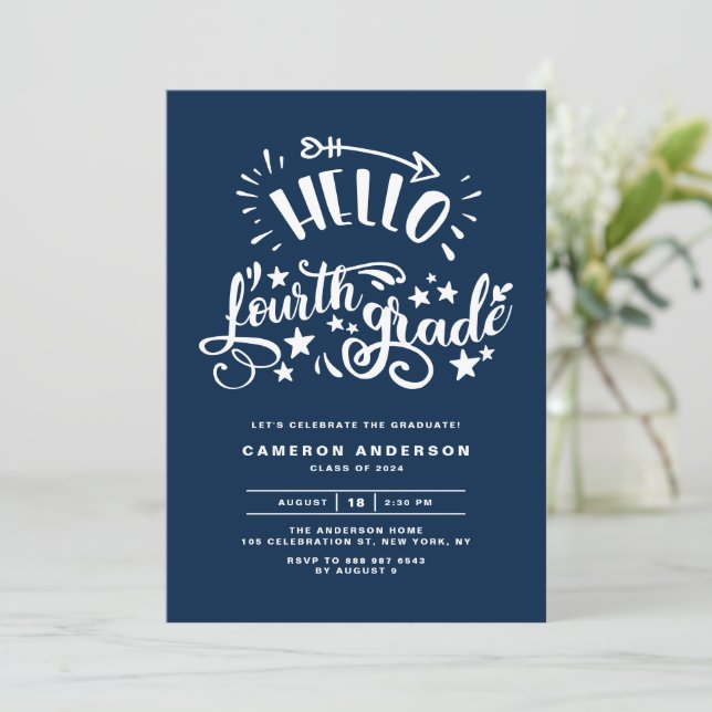 Hello Fourth Grade | Blue Third Grade Graduation Invitation (Standing Front)