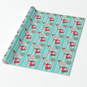 Hello Foxy Cute Fox with Vintage Buttons in Blue Wrapping Paper