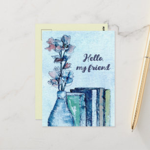 Hello Friend Reading Books Flower Bouquet Blue Postcard