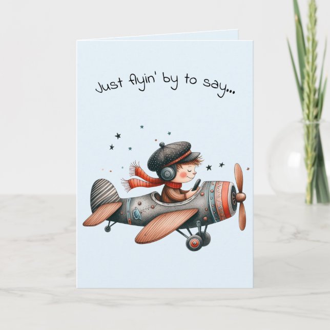 Hello Friendship Kid Flying Cute Propeller Plane Card (Front)