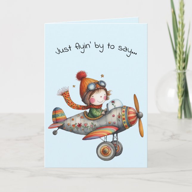 Hello Friendship Whimsical Kid Flying Plane Card (Front)