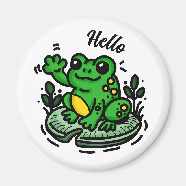 Hello | Frog on Lily Pad Hand Drawn Magnet (Front)