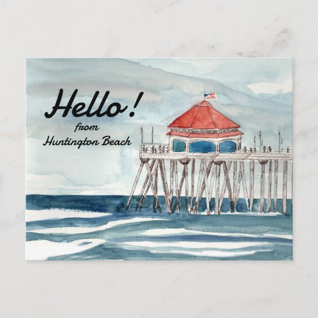 Hello from Huntington Beach Pier Ocean Waves Postcard (Front)