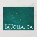 Hello From La Jolla, San Diego  Postcard<br><div class="desc">This stunning postcard features an aerial photograph of the La Jolla Cove in California. The clear blue water of the cove is dotted with small green kayaks.</div>