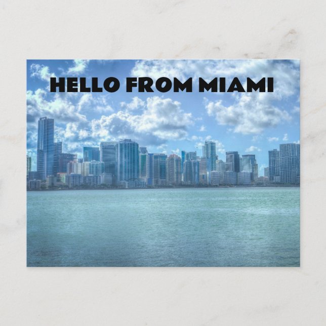 HELLO FROM MIAMI FLORIDA SKYLINE POSTCARDS (Front)