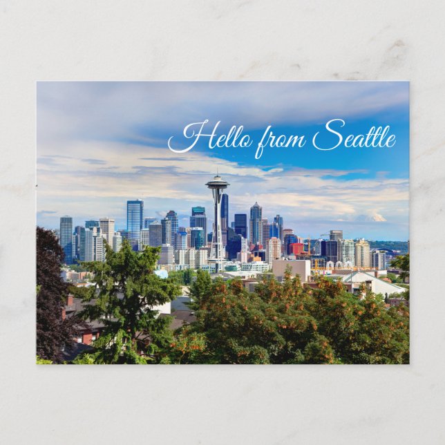 Hello from Seattle, Washington. Downtown View Postcard (Front)
