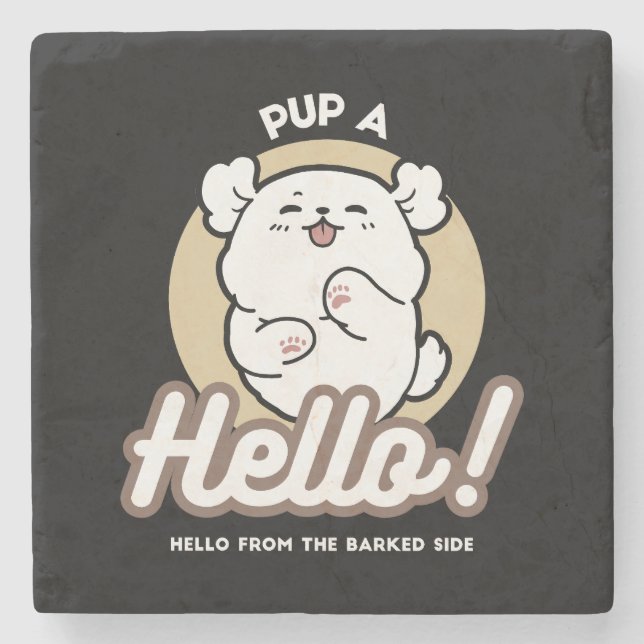 Hello from the Barked Side – Cute Dog Design Stone Coaster (Front)
