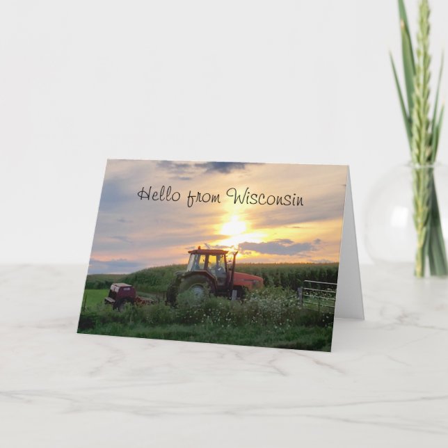 Hello from Wisconsin Farming Tractor at Sunset Card (Front)
