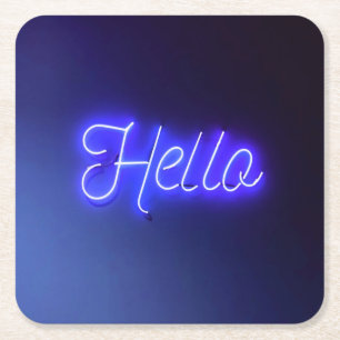Hello Fun Neon Blue Sign Bright and Cheerful Square Paper Coaster