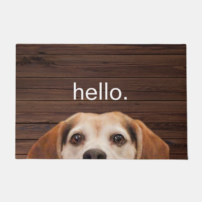 Hello Funny Beagle Dog Face Wood Back Doormat (Front)