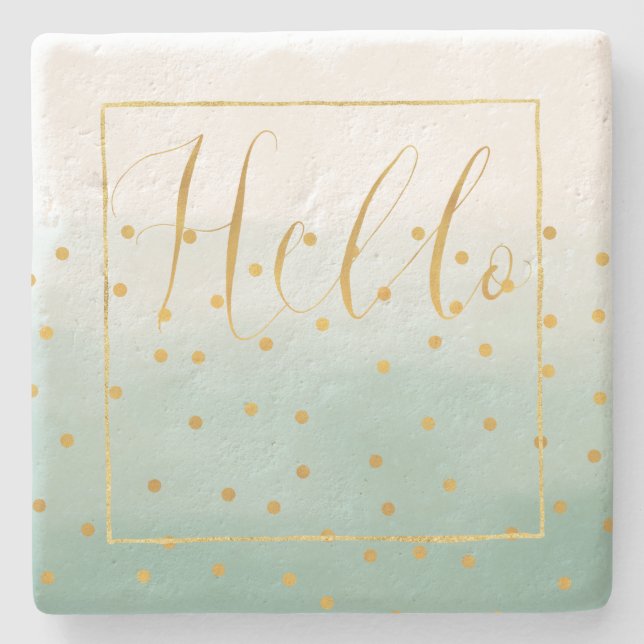 Hello Gold Mint Confetti Ombre Stone Coaster (Front)