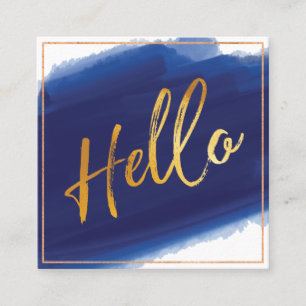 Hello Gold Script   Navy Watercolor Brush Stroke Square Business Card