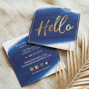 Hello Gold Script Navy Watercolor Brush Stroke Square Business Card