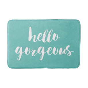 Hello Gorgeous   Aqua & White Typography Bath Mat