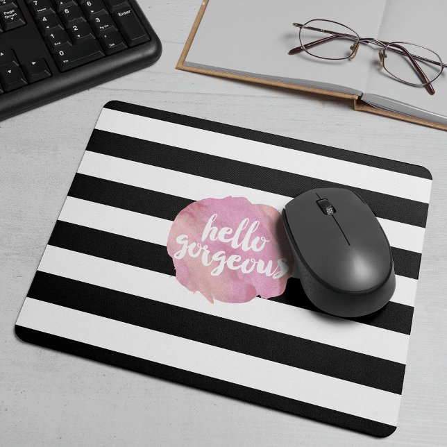 Hello Gorgeous | Black Stripe & Pink Watercolor Mouse Mat (Creator Uploaded)