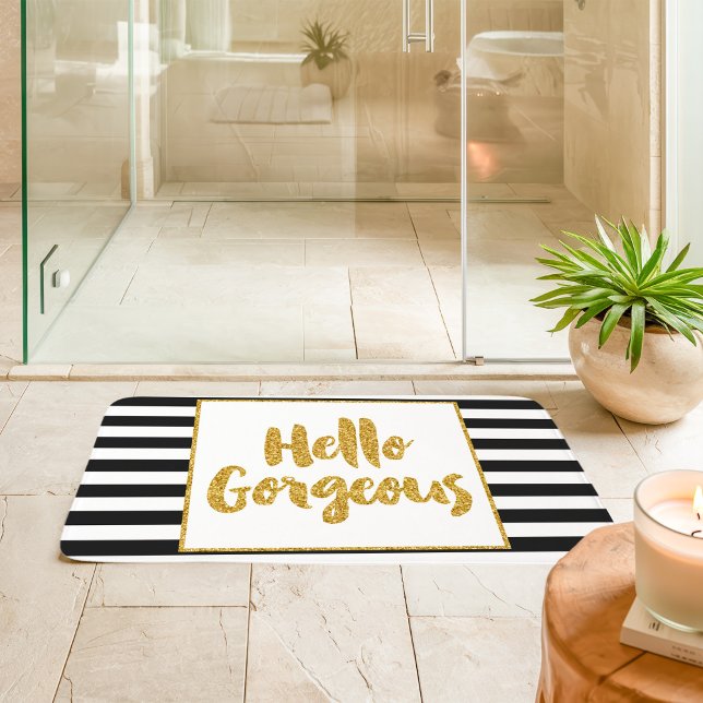 Hello Gorgeous Black & White Gold Glitter Stripes Bath Mat (Creator Uploaded)