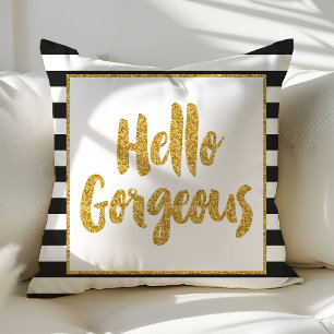 Hello Gorgeous Black & White Gold Glitter Stripes Cushion