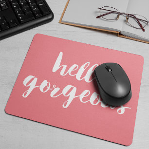 Hello Gorgeous Coral Pink & White Mouse Mat