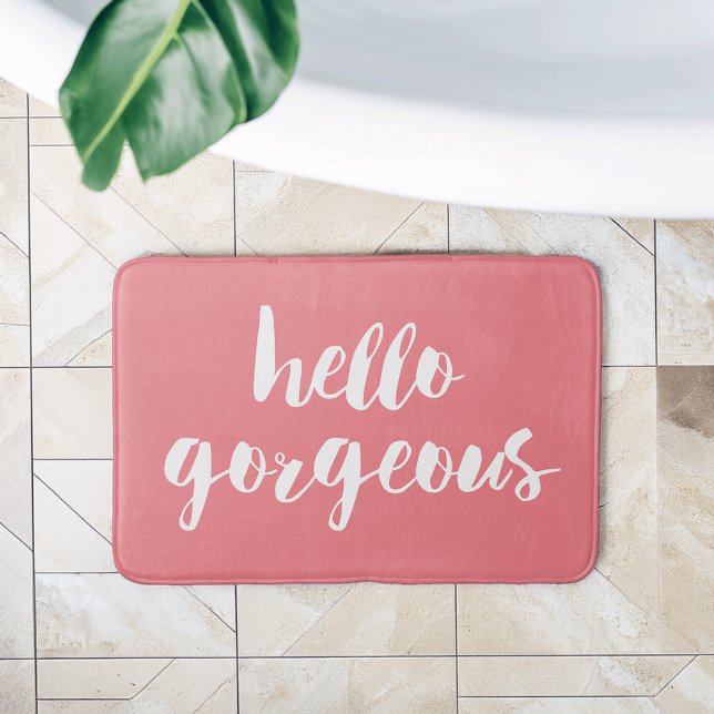 Hello Gorgeous | Coral Pink & White Typography Bath Mat (Creator Uploaded)