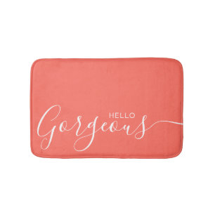 Hello Gorgeous Coral White Minimalist  Bath Mat