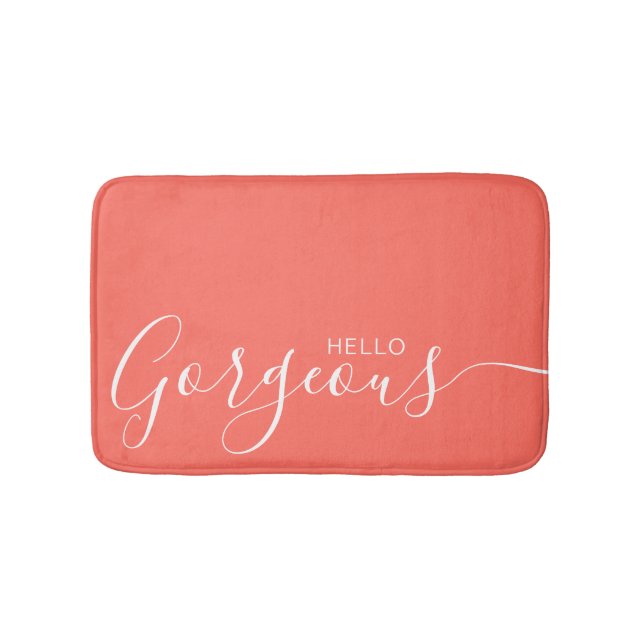 Hello Gorgeous Coral White Minimalist  Bath Mat (Front)