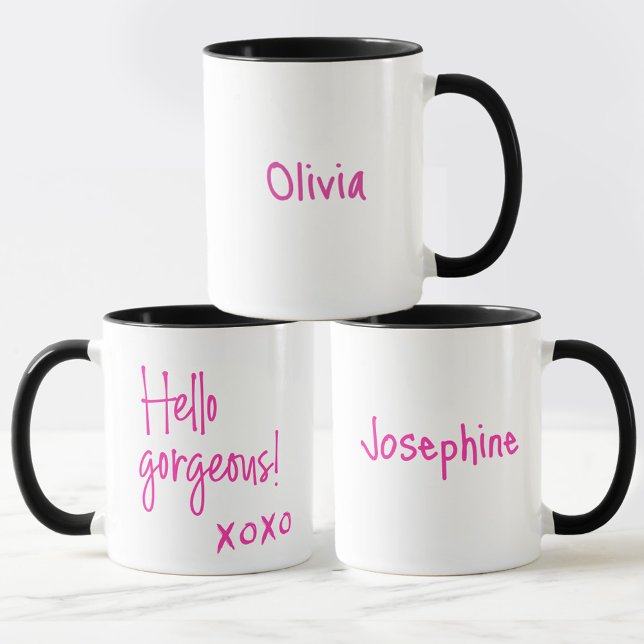 Hello gorgeous Galentine's Day XOXO Personalised Mug (Personalized "Hello Gorgeous!" Mugs for your Galentine's day celebration.)