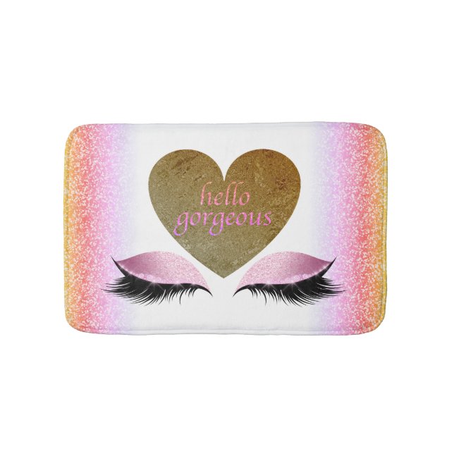 Hello Gorgeous Glam Makeup Eyelashes Gold Heart Bath Mat (Front)