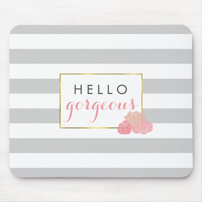 Hello Gorgeous | Grey Stripe & Blush Peony Mouse Mat (Front)
