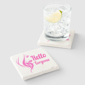 Hello Gorgeous Lovely Lady Face Drawing Typography Stone Coaster