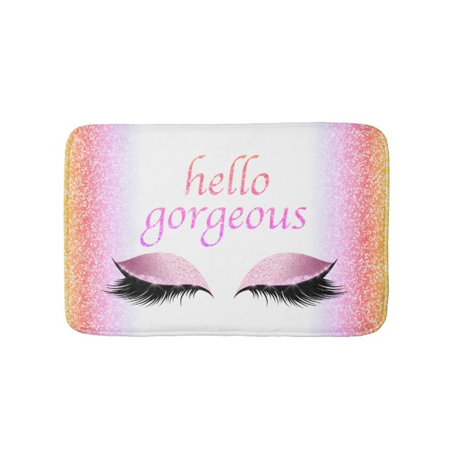 Hello Gorgeous Makeup Eyelashes Pink Glitter Girly Bath Mat (Front)
