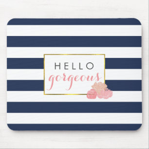 Hello Gorgeous   Navy Stripe & Blush Peony Mouse Mat