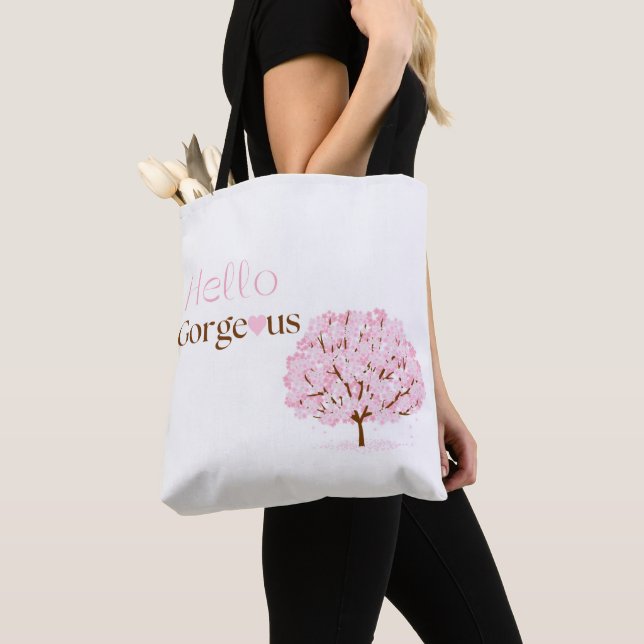 Hello Gorgeous, Pink Blossom Tree Tote Bag (Close Up)