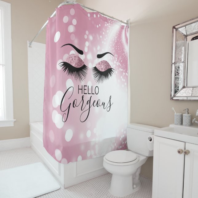 Hello Gorgeous Pink Glitter Eyes Shower Curtain (In Situ)