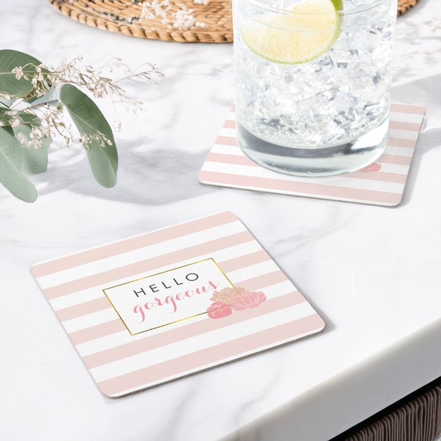 Hello Gorgeous Pink Stripe & Blush Peony Coasters (Creator Uploaded)
