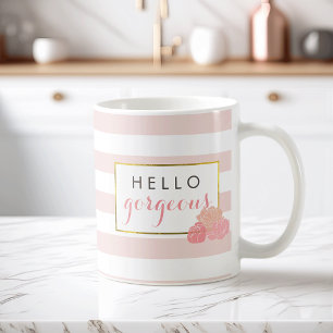Hello Gorgeous Pink Stripe & Blush Peony Mug