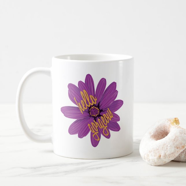Hello Gorgeous Purple & Orange Flower Coffee Mug (With Donut)