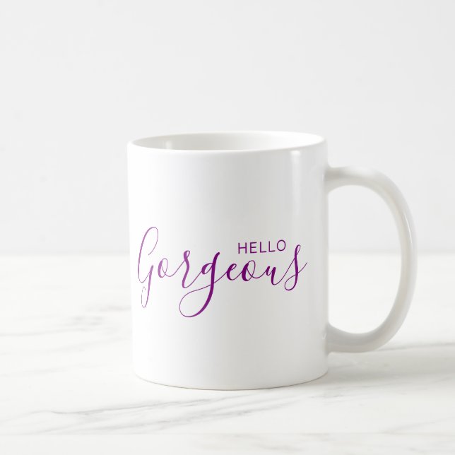 Hello Gorgeous Purple Script Modern Coffee Mug (Right)