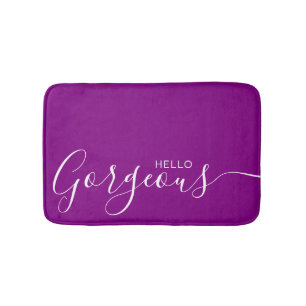 Hello Gorgeous Purple White Minimalist   Bath Mat