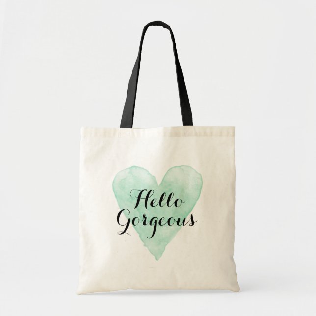 Hello gorgeous tote bag with mint watercolor heart (Front)