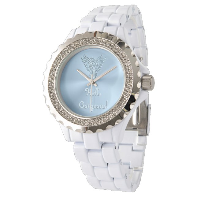 Hello Gorgeous with Ice Blue Phoenix Rising Emblem Watch (Angled)