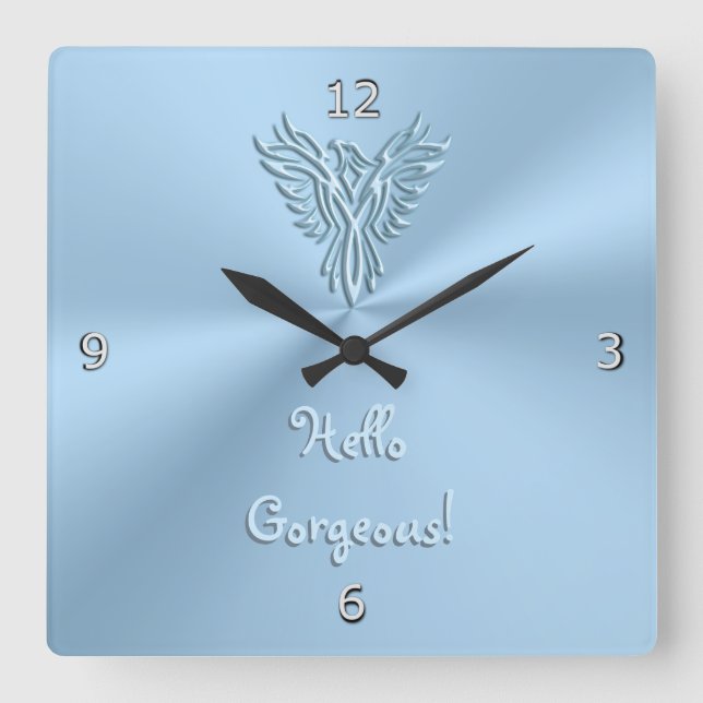 Hello Gorgeous with Ice Blue Rising Phoenix Emblem Square Wall Clock (Front)